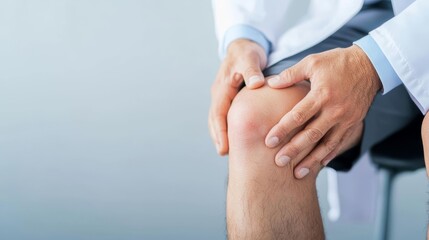 Close-up of a doctor s hand using a reflex hammer on a patient s knee, reflex test, neurological exam