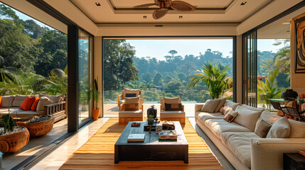 Beautiful interior of a modern villa, view from veranda