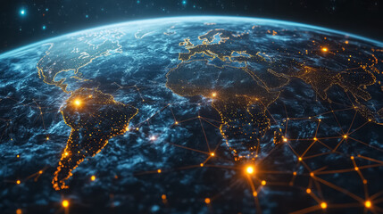 Global network, map and worldwide web for connectivity, innovation for science, technology and future