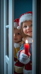 Children in Santa Suits with Candle Peeking Behind Door