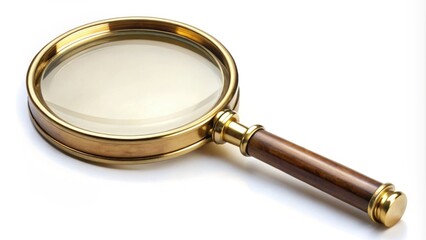 Graceful brass magnifying glass isolated on white background, magnifying glass, vintage, brass, elegant, classic, antique
