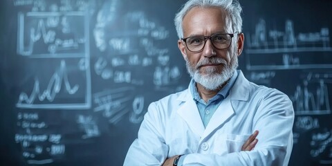 Portrait of a scientist presenting research findings to colleagues, confident and articulate, lab background with whiteboards filled with formulas