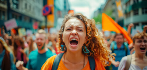 Obraz premium Female activist angry shouting for her cause among people demonstration