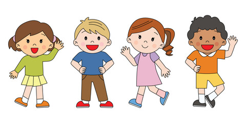 Children waving hands saying hello to friends happy and smiling in different races cute kawaii illustration japanese cartoon style drawing decorative isolated vector line