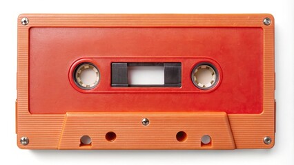Obraz premium Vintage cassette tape from the 1980s with coral red plastic body and orange paper label isolated, retro, music, technology