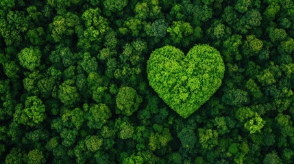Aerial view of lush trees forming a heart shape, symbolizing love for nature and environmental conservation.