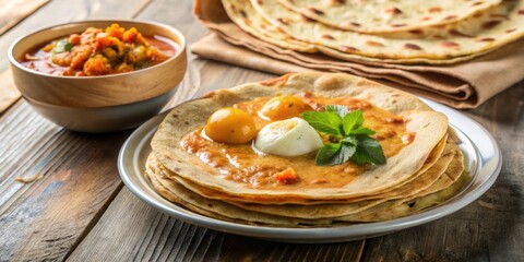 Rice roti served with egg curry, gluten-free alternative made with raw rice flour , gluten-free, rice roti