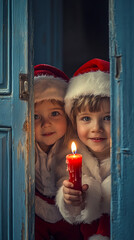 Children in Santa Suits with Candle Peeking Behind Door