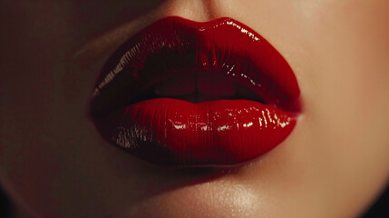 Obraz premium A close-up of a perfectly applied bold red lipstick, emphasizing the glossy texture on smooth lips.