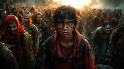 Obraz premium Crowd of zombies in a post-apocalyptic city