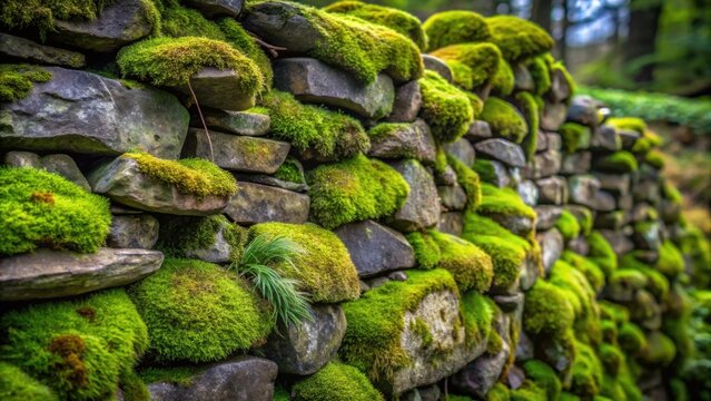 Piled stone wall with moss growing between the rocks, rustic, ancient, texture, background, architecture, pattern, stones
