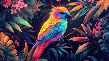 Fototapeta premium Generate a colorful digital illustration of a tropical bird with iridescent feathers in a lush jungle setting