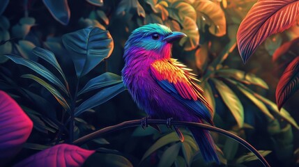 Generate a colorful digital illustration of a tropical bird with iridescent feathers in a lush jungle setting