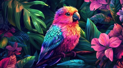 Fototapeta premium Generate a colorful digital illustration of a tropical bird with iridescent feathers in a lush jungle setting