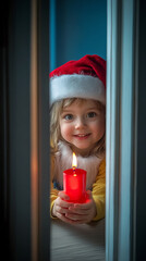 Children in Santa Suits with Candle Peeking Behind Door