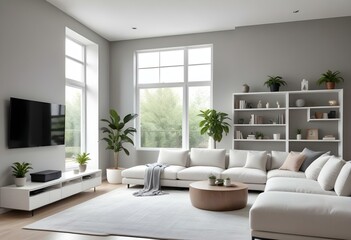 A modern living room with a large white sectional sofa, a minimalist TV stand, and a potted plant on the floor. The room has large windows and a gray accent wall with shelves and decor