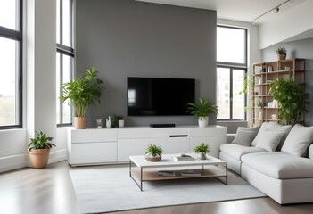A modern living room with a large white sectional sofa, a minimalist TV stand, and a potted plant on the floor. The room has large windows and a gray accent wall with shelves and decor