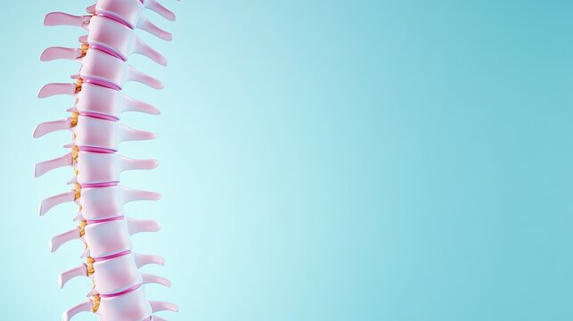 Anatomical illustration of a human spine on a soft blue background, showcasing vertebrae alignment and structure.
