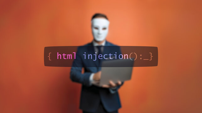 Cybersecurity concept html injection on foreground screen, hacker silhouette hidden with low poly style mask. Vulnerability and attack on colored code editor. Text in English, English text - Powered by Adobe