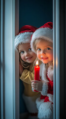 Children in Santa Suits with Candle Peeking Behind Door