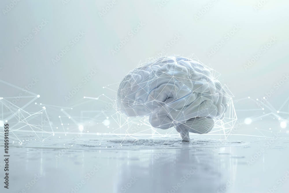 Poster a futuristic conceptual representation of a brain surrounded by digital connections and network patt