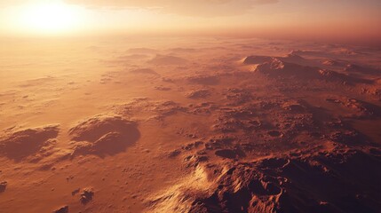 Fototapeta premium The surface of Mars showing large craters and rocky outcrops scattered across its desert plains under a pinkish sky