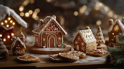 Festive Gingerbread House Display with Christmas Cookies