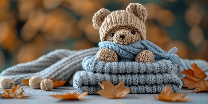 A stack of knitted warm children's clothes on an autumn background with copy space