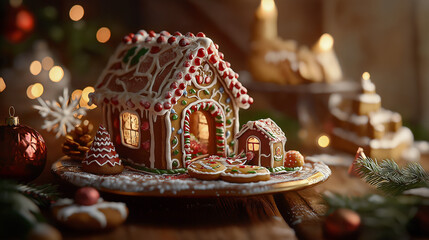 Festive Gingerbread House Display with Christmas Cookies