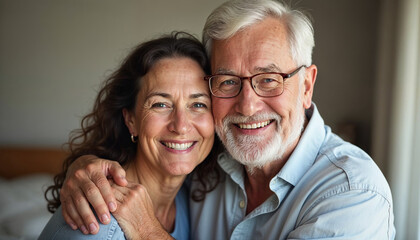 Portrait, bedroom and old couple with smile, hug and bonding together with anniversary, care and home. Face, senior man and mature woman with embrace