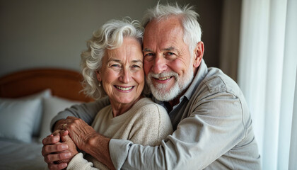 Portrait, bedroom and old couple with smile, hug and bonding together with anniversary, care and home. Face, senior man and mature woman with embrace