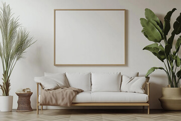 3D modern living room rendering with blank white wooden frame wall art picture mockup art canvas for interior design or real estate decoration apartment or office space