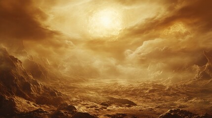 Venus rocky volcanic plains hidden beneath thick layers of clouds, illuminated by faint sunlight