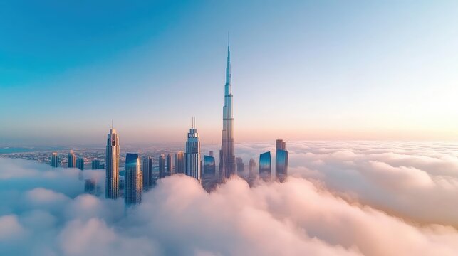 Breathtaking aerial view of a skyscraper emerging from the clouds at dawn, showcasing modern architecture and vibrant colors.