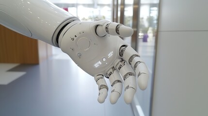 A close-up of a robotic hand with outstretched fingers, a futuristic concept.