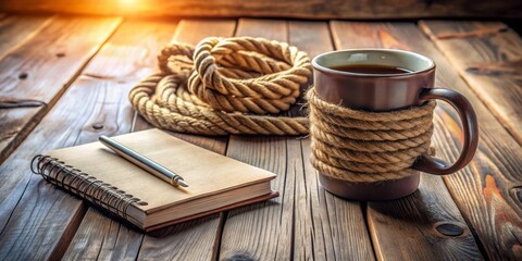 Naklejka premium Cozy Rope Wrapped Mug Next to Notebook on Rustic Wooden Desk for a Perfect Work and Study Atmosphere