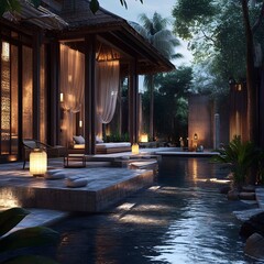 Fototapeta premium Luxury, relaxing Thai style hotel, Thai massage, outdoor spa on a tropical island in Southeast Asia.
