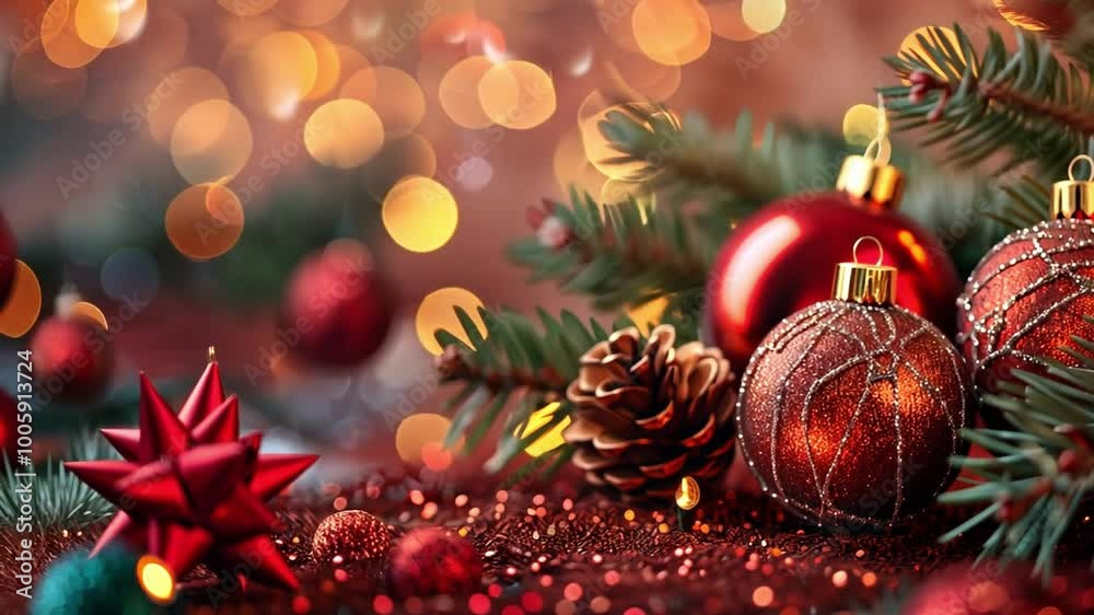 Poster brightly colored christmas ornaments and pine cones are arranged on a vibrant red background, illumi