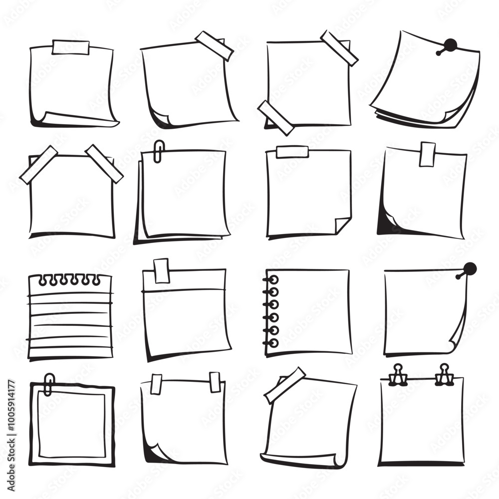 Sticker set of sticky notes in vector illustration with doodle line art style. isolated and easy to use, per