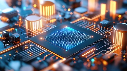 Close-up of a modern microchip with glowing circuits, showcasing intricate electronic design and advanced technology.