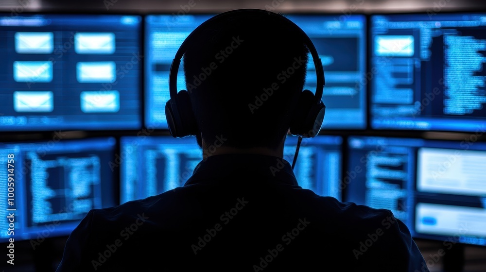 Poster hacker using headset in dark room with multiple screens
