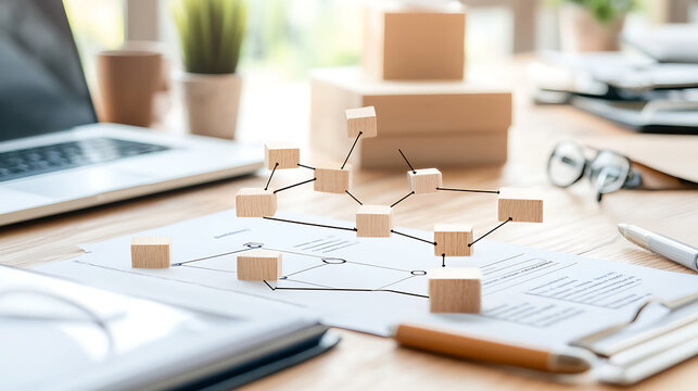 Conceptual image of a flowchart merging with a meeting agenda, roles and responsibilities connected by lines, symbolizing organized teamwork, roles and tasks, agenda structure 