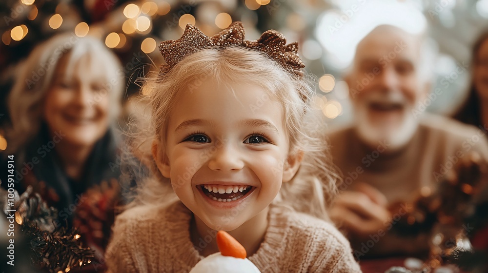 Aufkleber children laughing and placing a carrot nose on a snowman while their grandparents watch in the backg