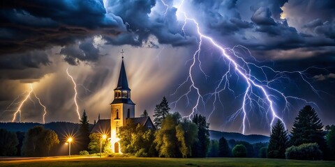Dramatic Night Thunderstorm with Rain and Lightning Striking Over Church Tower and Trees in a Dark Sky Scene
