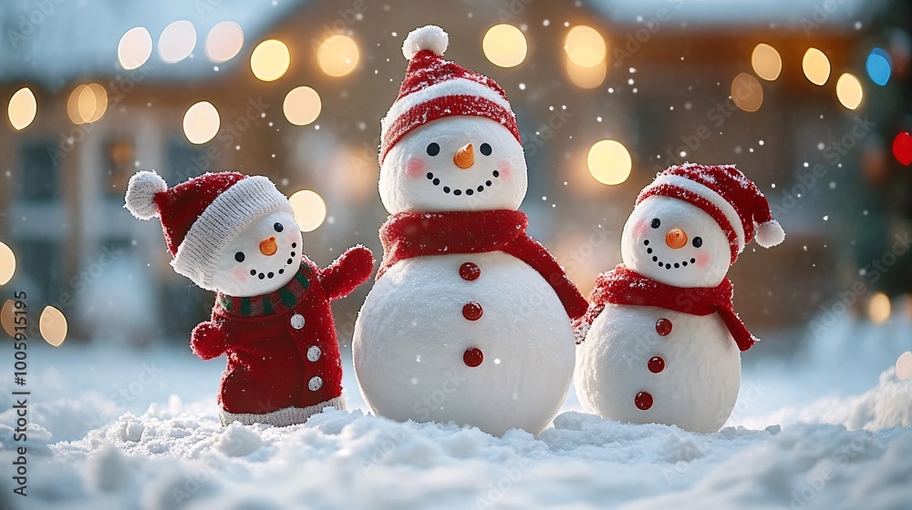 Poster happy family of four playing with snow and building a snowman in front of a house adorned with chris