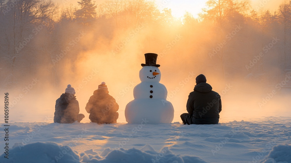 Aufkleber Three generations gathered around a snowman with a top hat and buttons creating joyful holiday memories in a scenic winter wonderland Large space for text in center Stock Photo with copy space