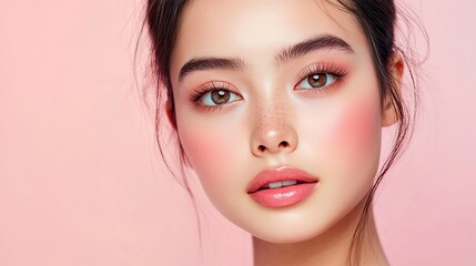 Fototapeta premium Close-up of a young woman with flawless skin and soft makeup, exuding beauty against a pastel pink background.