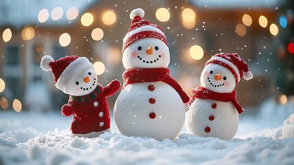 Fototapeta premium Happy family of four playing with snow and building a snowman in front of a house adorned with Christmas decorations and twinkling lights Large space for text in center Stock Photo with copy space
