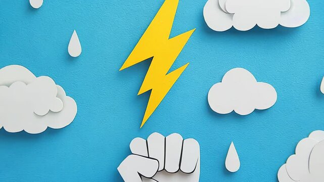 Paper art of fist with lightning bolt, clouds, and raindrops on blue background