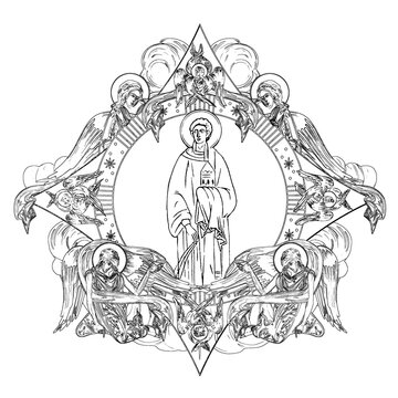 recommend clip art: Saint Stephen. Religious dome with apostles and angels in sky. Coloring page in Byzantine style